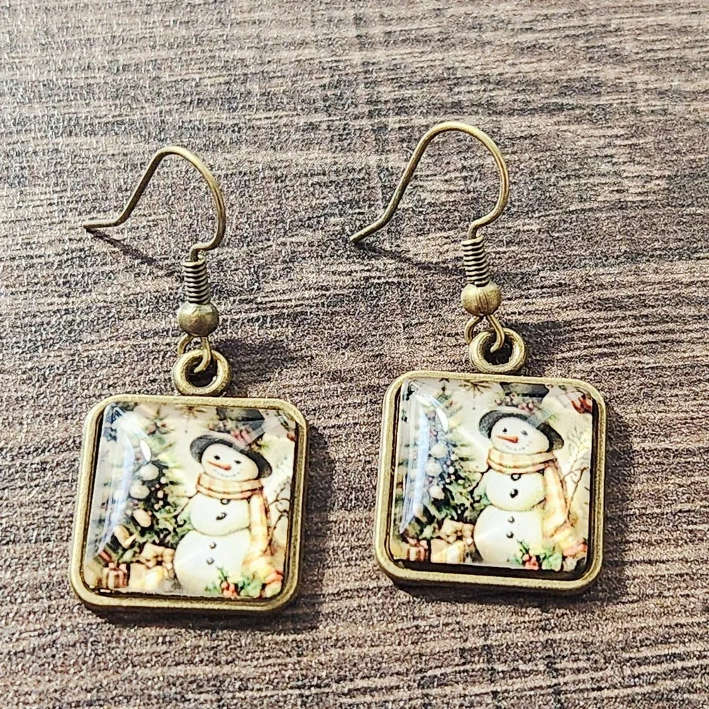 Vintage Style Snowman Christmas Tree Square Bronze Drop Earrings Holiday Jewelry